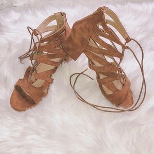 Brown lace up block heels